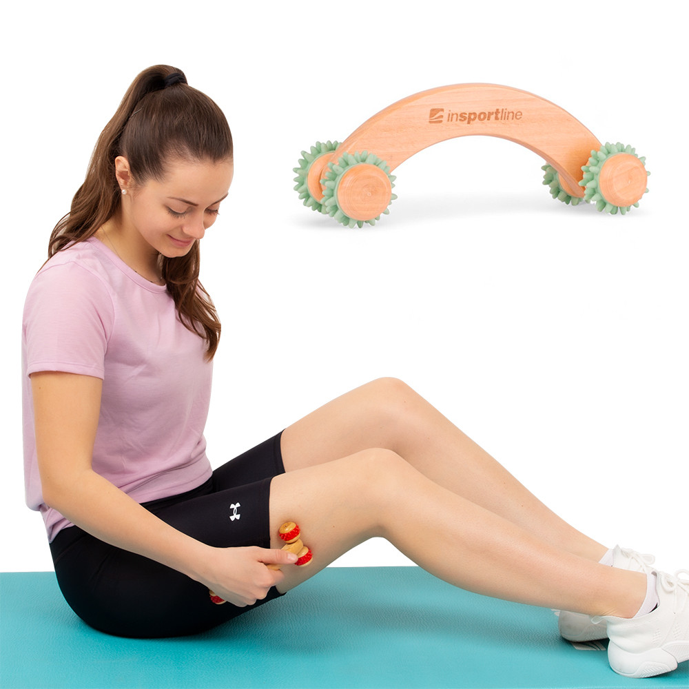 Drewniany masażer całego ciała inSPORTline Kerung ∙ 4 rolki z wypustkami ∙ długość 16 cm ∙ drewno wiśniowe