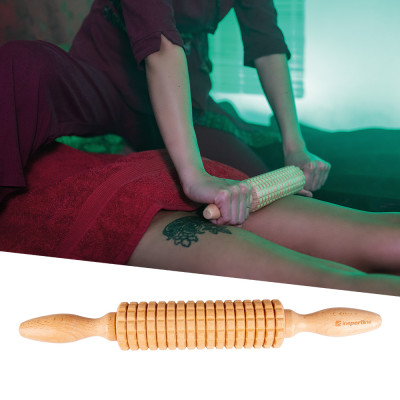Drewniany wałek/roller do masażu inSPORTline Marlee 600 ∙ zębata powierzchnia ∙ uchwyty ergonomiczne ∙ drenaż limfatyczny