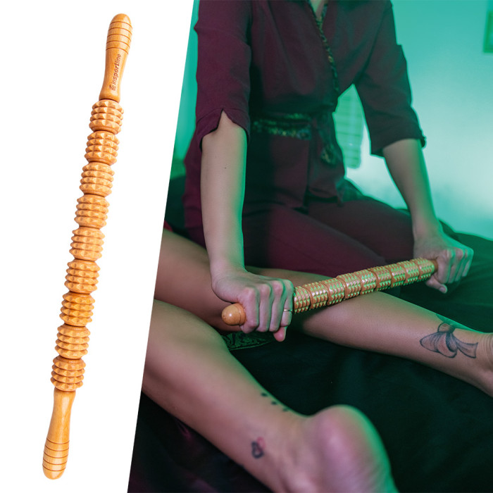 Drewniany wałek/roller do masażu inSPORTline Marlee 700 ∙ 9 małych rolek ∙ uchwyty ergonomiczne ∙ drenaż limfatyczny